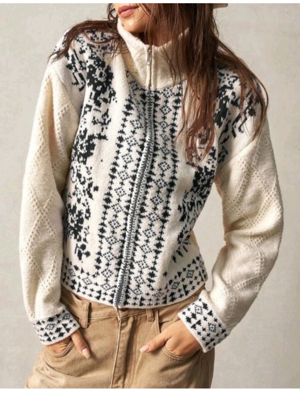 NEW Floral Vintage Look Pointelle Knit Zip Sweater Cardigan Cream Black